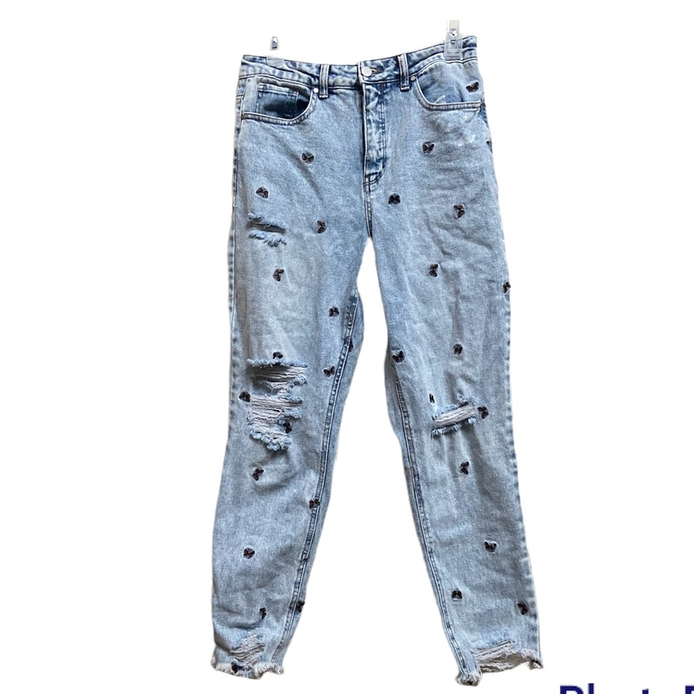 Material girl butterfly distressed high waist raw hem blue jeans